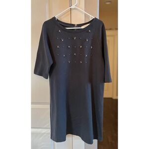 Women's Black Loft Beaded 3/4 Sleeve‎ Cotton T-Shirt Above Knee Dress-Size Large